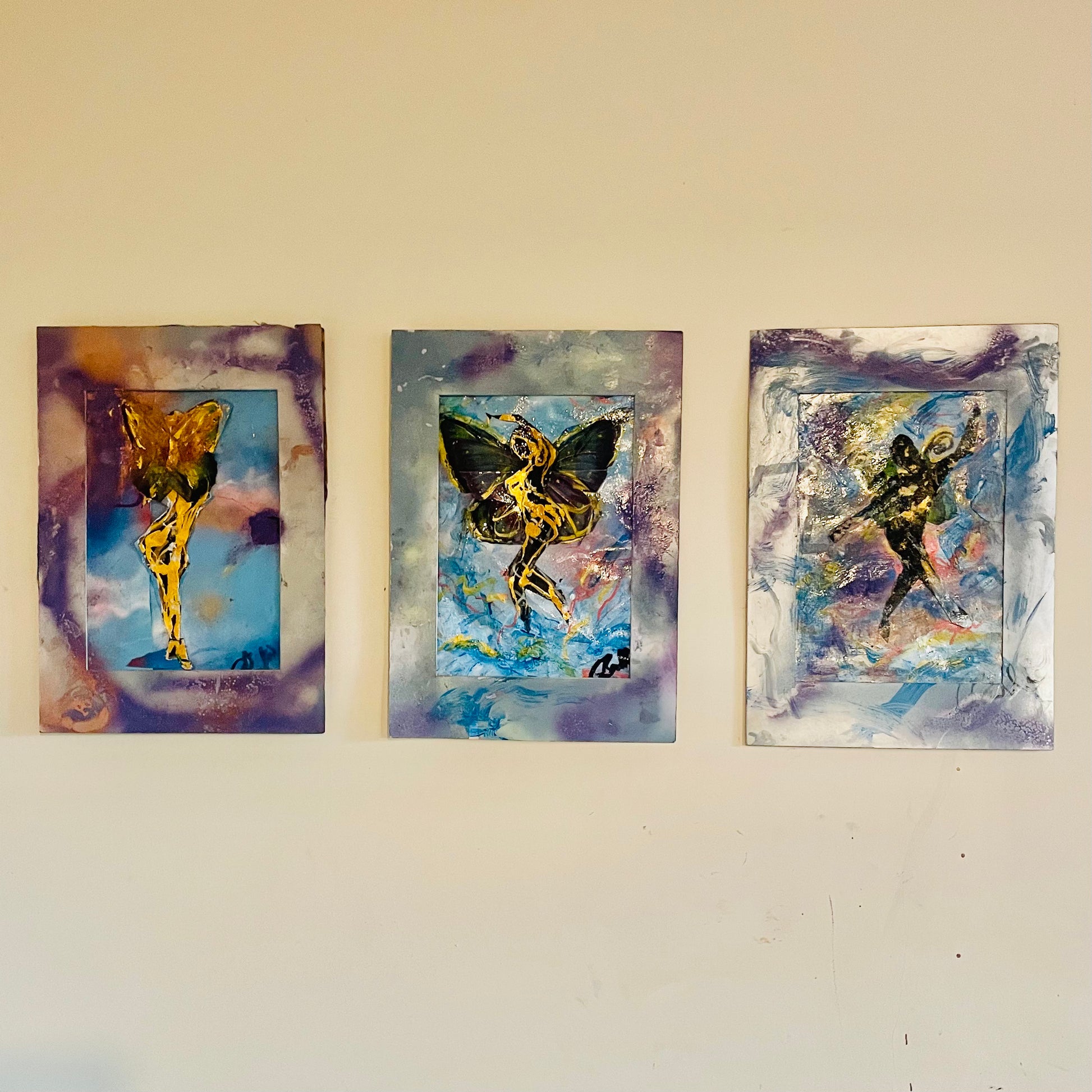 A series of original works exploring movement, transformation, and release.

Each piece began as a life drawing and evolved into a layered composition, combining cut-out figures with paint to create a sense of motion and lightness.

These works reflect a process of change — where form becomes fluid and the body moves beyond itself.

All pieces are original, one of one, and mounted on 16 x 12 board.