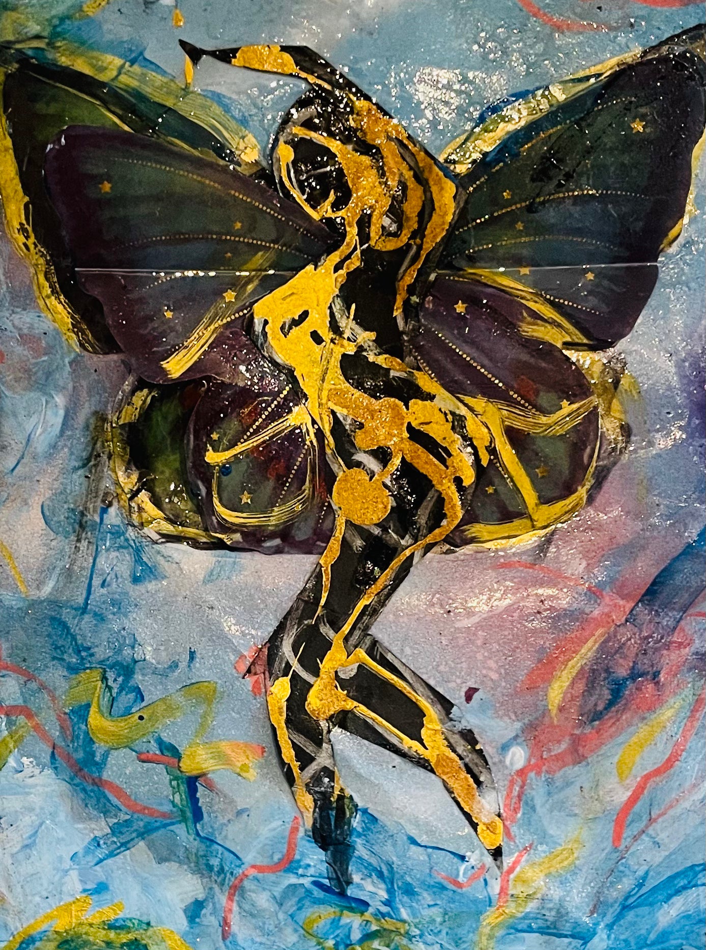 Original mixed media artwork featuring a dancing silhouette with butterfly wings, expressing movement, freedom and transformation, mounted on 16 x 12 board
