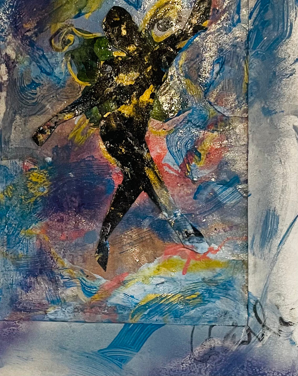 Original mixed media artwork featuring a dancing silhouette with butterfly wings, expressing movement, freedom and transformation, mounted on 16 x 12 board
