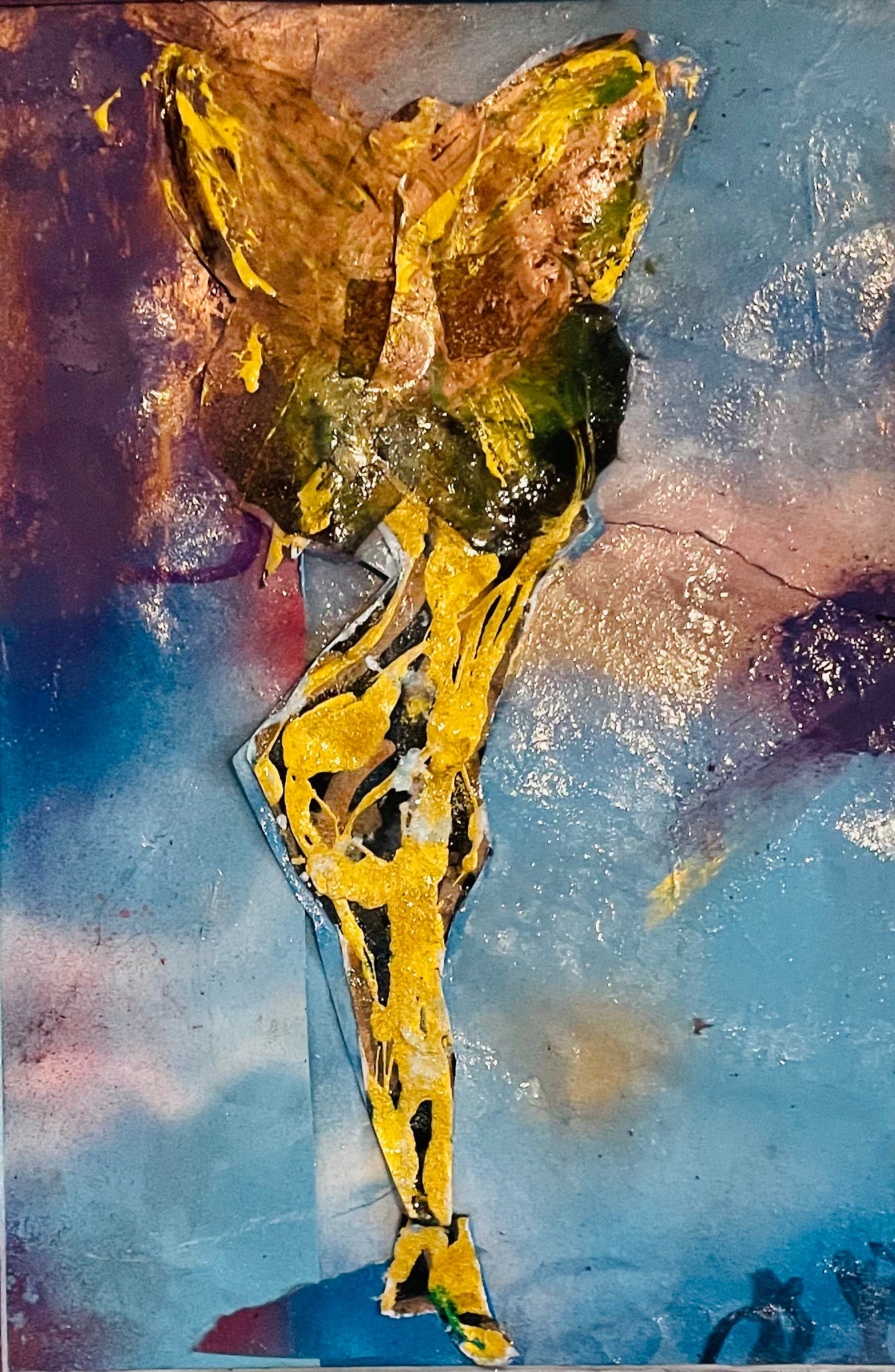 Original mixed media artwork featuring a dancing silhouette with butterfly wings, expressing movement, freedom and transformation, mounted on 16 x 12 board
